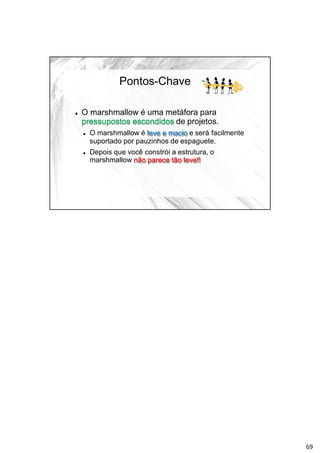 Pontos-Chave
 O marshmallow é uma metáfora para
pressupostos escondidos de projetos.
 O marshmallow é leve e macio e será facilmente
suportado por pauzinhos de espaguete.
 Depois que você constrói a estrutura, o
marshmallow não parece tão leve!!
69
 