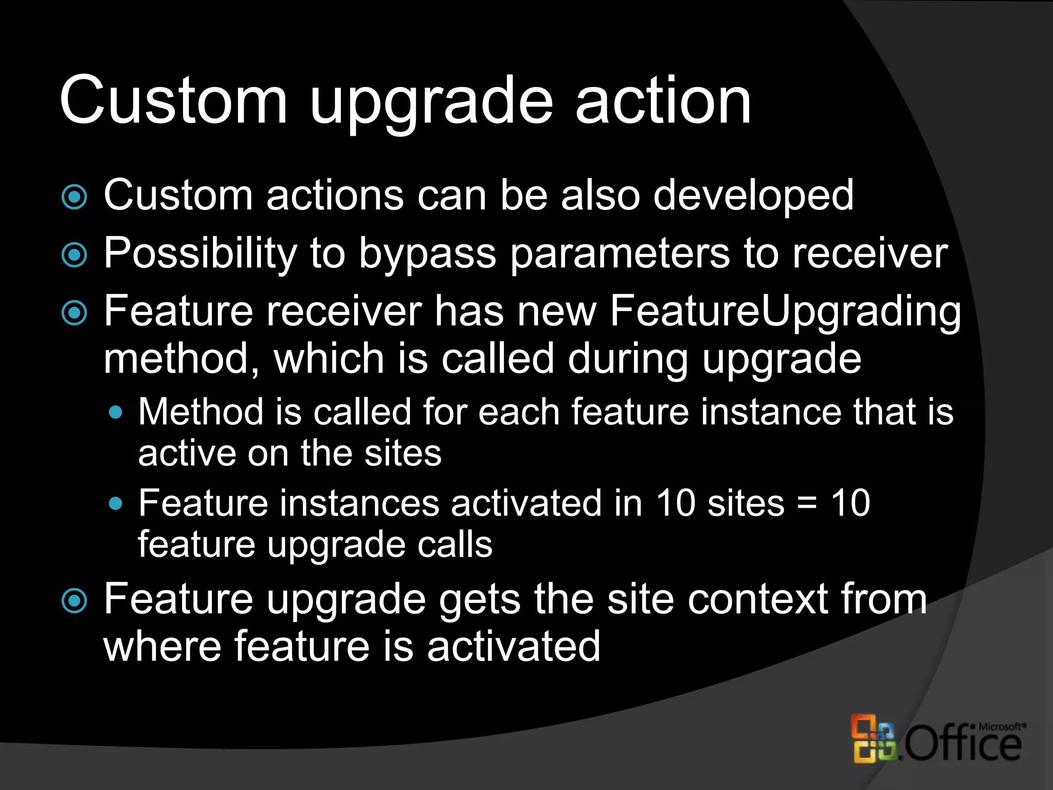 AddContentTypeFieldAllows adding a field to an existing content type.Child instance update can be also identifiedUpdates content types in sub sites and in lists