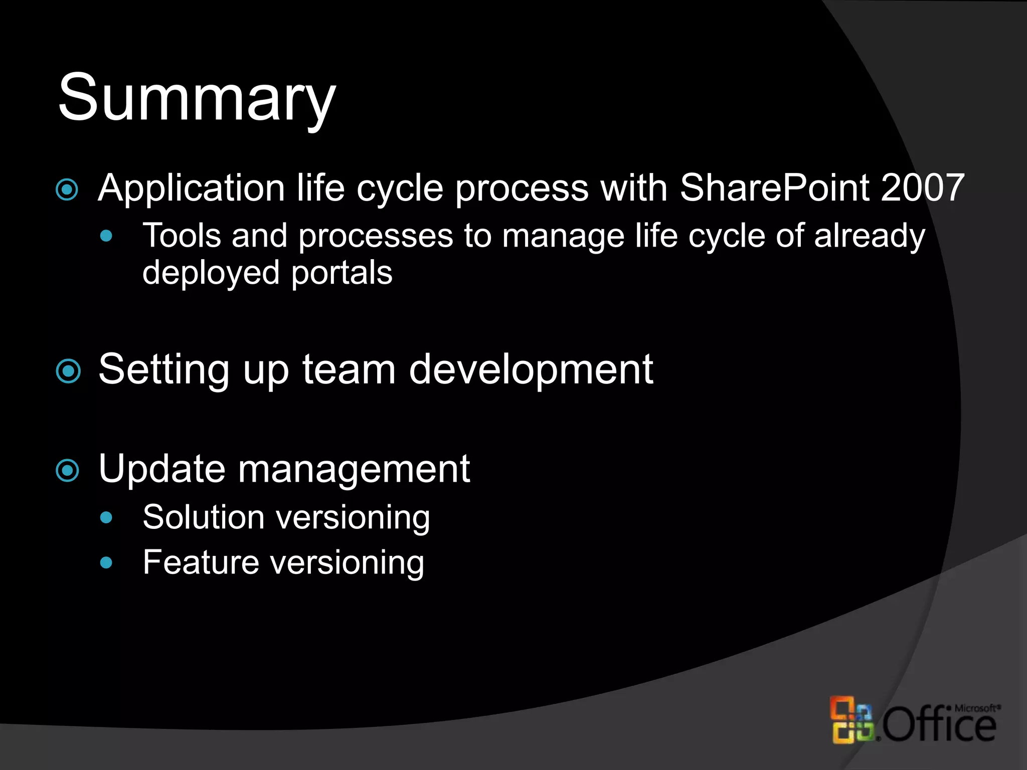 How to upgrade full trust solution?Deploy updates to farmstsadm-o upgradesolution -name solution.wsp -filename solution.wspUpdate-SPSolution -Identity contoso_solution.wsp -LiteralPath c:\contoso_solution_v2.wsp -GACDeploymentFarm Wide – actual upgradepsconfig -cmd upgrade -inplace b2bMore Granular use the object modelFeature.Upgrade()Provides away to upgrade individual sites one by one