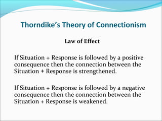 Thorndike’s Theory of Connectionism
                   Law of Effect

If Situation + Response is followed by a positive
consequence then the connection between the
Situation + Response is strengthened.

If Situation + Response is followed by a negative
consequence then the connection between the
Situation + Response is weakened.
 
