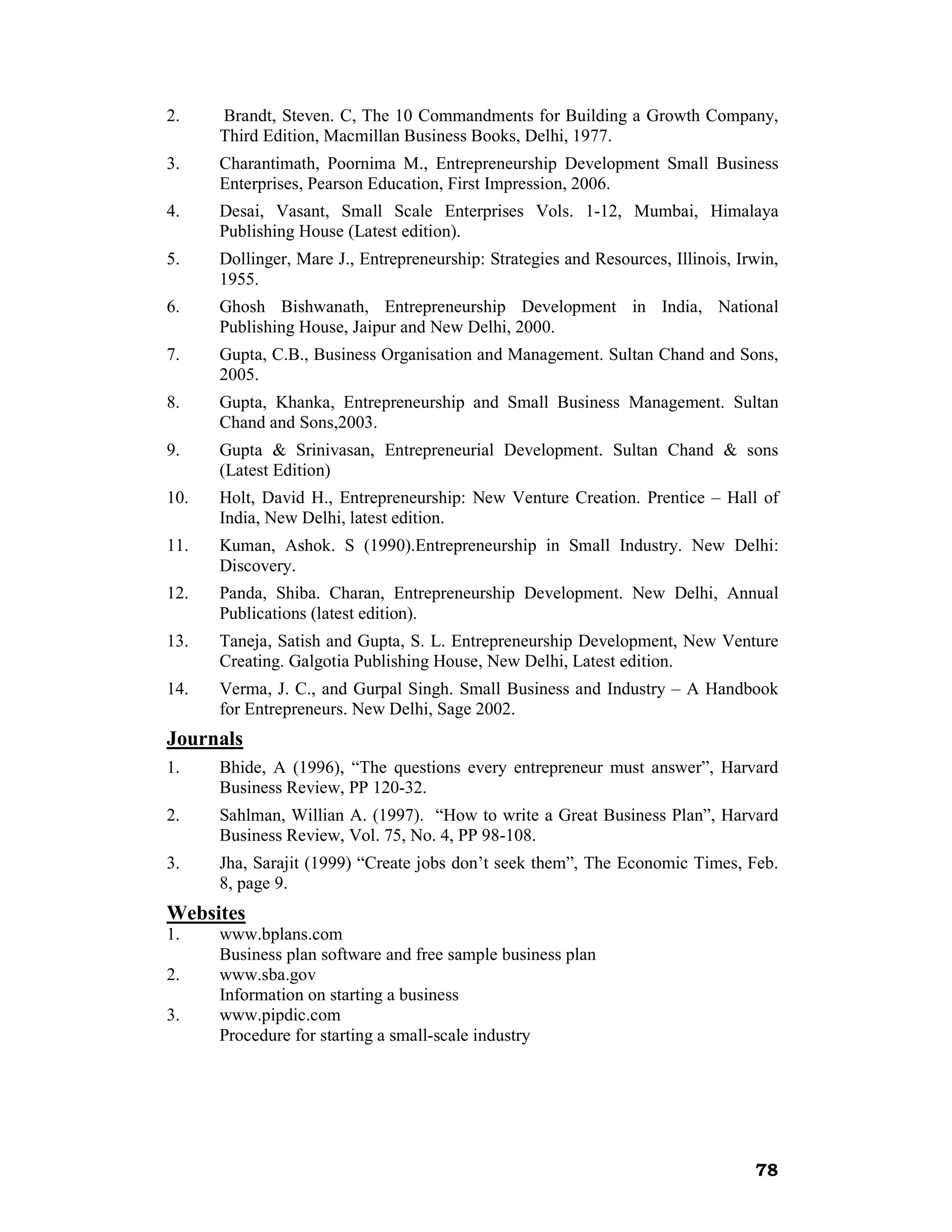 2.    Brandt, Steven. C, The 10 Commandments for Building a Growth Company,
      Third Edition, Macmillan Business Books, Delhi, 1977.
3.    Charantimath, Poornima M., Entrepreneurship Development Small Business
      Enterprises, Pearson Education, First Impression, 2006.
4.    Desai, Vasant, Small Scale Enterprises Vols. 1-12, Mumbai, Himalaya
      Publishing House (Latest edition).
5.    Dollinger, Mare J., Entrepreneurship: Strategies and Resources, Illinois, Irwin,
      1955.
6.    Ghosh Bishwanath, Entrepreneurship Development in India, National
      Publishing House, Jaipur and New Delhi, 2000.
7.    Gupta, C.B., Business Organisation and Management. Sultan Chand and Sons,
      2005.
8.    Gupta, Khanka, Entrepreneurship and Small Business Management. Sultan
      Chand and Sons,2003.
9.    Gupta & Srinivasan, Entrepreneurial Development. Sultan Chand & sons
      (Latest Edition)
10.   Holt, David H., Entrepreneurship: New Venture Creation. Prentice – Hall of
      India, New Delhi, latest edition.
11.   Kuman, Ashok. S (1990).Entrepreneurship in Small Industry. New Delhi:
      Discovery.
12.   Panda, Shiba. Charan, Entrepreneurship Development. New Delhi, Annual
      Publications (latest edition).
13.   Taneja, Satish and Gupta, S. L. Entrepreneurship Development, New Venture
      Creating. Galgotia Publishing House, New Delhi, Latest edition.
14.   Verma, J. C., and Gurpal Singh. Small Business and Industry – A Handbook
      for Entrepreneurs. New Delhi, Sage 2002.
Journals
1.    Bhide, A (1996), “The questions every entrepreneur must answer”, Harvard
      Business Review, PP 120-32.
2.    Sahlman, Willian A. (1997). “How to write a Great Business Plan”, Harvard
      Business Review, Vol. 75, No. 4, PP 98-108.
3.    Jha, Sarajit (1999) “Create jobs don’t seek them”, The Economic Times, Feb.
      8, page 9.
Websites
1.    www.bplans.com
      Business plan software and free sample business plan
2.    www.sba.gov
      Information on starting a business
3.    www.pipdic.com
      Procedure for starting a small-scale industry




                                                                                  78
 