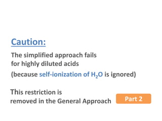 Caution:
The simplified approach fails
for highly diluted acids
This restriction is
removed in the General Approach Part 2...