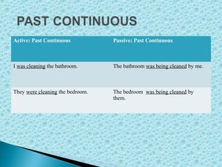 Active: Past Continuous Passive: Past Continuous
I was cleaning the bathroom.  The bathroom was being cleaned by me.
They were cleaning the bedroom.  The bedroom  was being cleaned by 
them. 
 