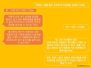 어때요? 예를 들어 간략하게 과정들을 설명한 건데요.
네. 그런 우려들이 있죠.
근데 아무리 자동화가 된다해도 기계도 과
열되면 오류가 일어날 수 있고, 멈출 수도
있는 부분이 있기 때문에 기존 인력배치가
함께 필요하죠.
음… 이제 약간 이해가 가네요.
네^^ 바로 그거에요.
저렇게 되면 내가 공장을 설립할
필요도 없고 공유 플랫폼들을 활용해
서 쉽게 아이디어나 디자인만 있다면
창업을 쉽게 할 수 있다는 거죠?
좋긴한데, 한가지 걱정되는 것은
저렇게 되면 기존에 일하던 노동자분
들은 기계가 다 자동화되어 알아서
처리하니깐 대거 일자리를 잃게 되는
거 아닌가요?
또한, 일부 노동자 분들은 창업자들을 위한
컨설팅을 담당한다든가 직업의 이동이 이
뤄질 수 있죠.
7tcoffe@gmail.com
 