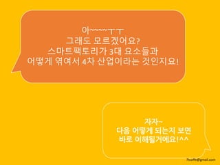 아~~~~ㅜㅜ
그래도 모르겠어요?
스마트팩토리가 3대 요소들과
어떻게 엮여서 4차 산업이라는 것인지요!
자자~
다음 어떻게 되는지 보면
바로 이해될거에요!^^
7tcoffe@gmail.com
 