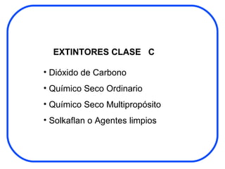 EXTINTORES CLASE  C Dióxido de Carbono Químico Seco Ordinario Químico Seco Multipropósito Solkaflan o Agentes limpios 
