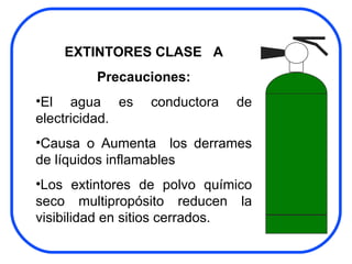 EXTINTORES CLASE  A Precauciones: El agua es conductora de electricidad. Causa o Aumenta  los derrames de líquidos inflamables Los extintores de polvo químico seco multipropósito reducen la visibilidad en sitios cerrados.  