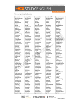 Commonly misspelled words.

absence        acceptable     accessible      accidentally   accommodate
accompanied    accomplish     accuracy        achievement    acquaintance
acquire        across         actually        address        admission
advice         advise         affect          effect         against
aggression     aisles         alcohol         alleys         all right
a lot          amateur        among           amount         analysis
angel          angle          announcement    apparent       appearance
approach       appropriate    approximate     argument       article
aspirin        associate      athlete         attach         attack
attendance     authentic      average         bargain        basically
beautiful      beginner       believe         beneficial     benefited
biggest        boundary       breath          breathe        bulletin
bureaucracy    business       cafeteria       calculator     calendar
careless       carrying       category        cemetery       census
certain        changeable     changing        channel        chief
coming         commercial     commitment      committee      comparative
competent      competition    conceited       conceive       concentrate
condemn        confident      conscious       conscience     conscientious
consensus      consistent     continuous      controlled     controversy
convenience    coolly         course          coarse         courteous
criticism      criticise      curiosity       dealt          deceive
decide         definite       dependent       descend        describe
desirable      despair        develop         different      disagree
disappear      disappoint     disastrous      disease        divine
efficient      environment    eighth          elaborate      embarrass
equipment      especially     exaggerate      excellent      except
exercise       existence      expense         experience     experiment
explanation    extremely      familiar        family         fascinate
favourite      February       financially     forty          friend
fulfil         gauge          government      grammar        guaranteed
guidance       harass         height          here           hear
heroes         hindrance      hoping          huge           humorous
hypocrite      ideally        ignorant        imaginary      immediately
immensely      incidentally   incredible      independent    indispensable
individually   initiative     intelligent     interest       interference
interrupt      irrelevant     irresistible    irritated      its
it’s           jealousy       knowledge       laboratory     laid
led            leisure        lenient         liable         library
license        lightning      likelihood      loneliness     lose
loose          losing         luxury          magazine       magnificent
maintenance    manageable     management      marriage       material
mathematics    meanness       meant           medicine       mere
miniature      mischievous    missile         mortgage       muscle
mysterious     naturally      necessary       nickel         niece
ninety         ninth          noticeable      obstacle       occasionally
occurrence     official       omitted         operate        opinion
opportunity    opposite       ordinarily      originally     paid
pamphlet       parallel       particular      past           passed
peculiar       penetrate      perceive        performance    permanent
personal       persuade       physical        piece          peace
planned        pleasant       politician      possess        possibly
practical      precede        preferred       prejudice      preparation
principle      principal      privilege       probably       procedure
proceed        professor      prominent       promise        pronunciation
psychology     pursue         questionnaire   quiet          quite



                                                               Page 17 of 18
 