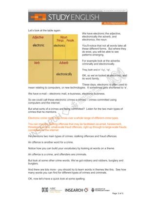 Let’s look at the table again.
                                               We have electronic the adjective,
                                               electronically the adverb, and
                                               electronics, the noun.

                                               You’ll notice that not all words take all
                                               these different forms. But where they
                                               do exist, you will be able to see
                                               patterns emerging.

                                               For example look at the adverbs
                                               criminally and electronically.

                                               They both end in '-l-y', '-ly'.

                                               OK, so we’ve looked at electronic, and
                                               its word family.

                                             These days, electronic is often used to
mean relating to computers, or new technologies. It sometimes gets shortened to ‘e’.

We have e-mail – electronic mail, e-business, electronic business.

So we could call these electronic crimes e-crimes – crimes committed using
computers and the internet.

But what sorts of e-crimes are being committed? Listen for the two main types of
crimes that he mentions.

Electronic crime really does cross over a whole range of different crime types.

You can imagine stalking offences that may be facilitated via email, harassment,
threatening emails, small-scale fraud offences, right up through to large-scale frauds
committed via the internet.

He mentions two main types of crimes: stalking offences and fraud offences.

An offence is another word for a crime.

Notice how you can build your vocabulary by looking at words on a theme.

An offence is a crime, and offenders are criminals.

But look at some other crime words. We’ve got robbery and robbers, burglary and
burglars.

And there are lots more - you should try to learn words in themes like this. See how
many words you can find for different types of crimes and criminals.

OK, now let’s have a quick look at some spelling.




                                                                                 Page 3 of 5
 