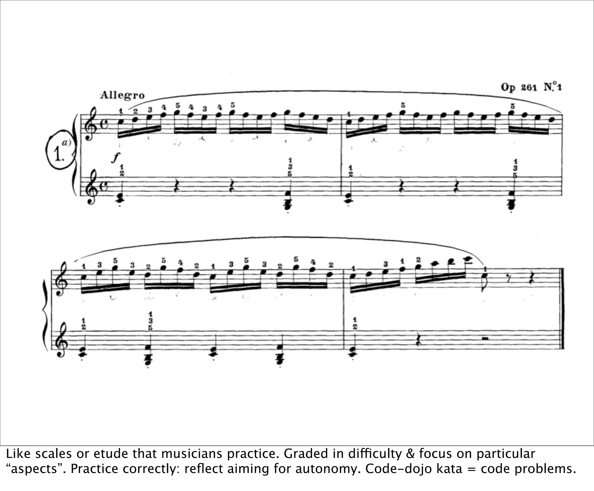 Like scales or etude that musicians practice. Graded in difficulty & focus on particular
“aspects”. Practice correctly: reﬂect aiming for autonomy. Code-dojo kata = code problems.
 
