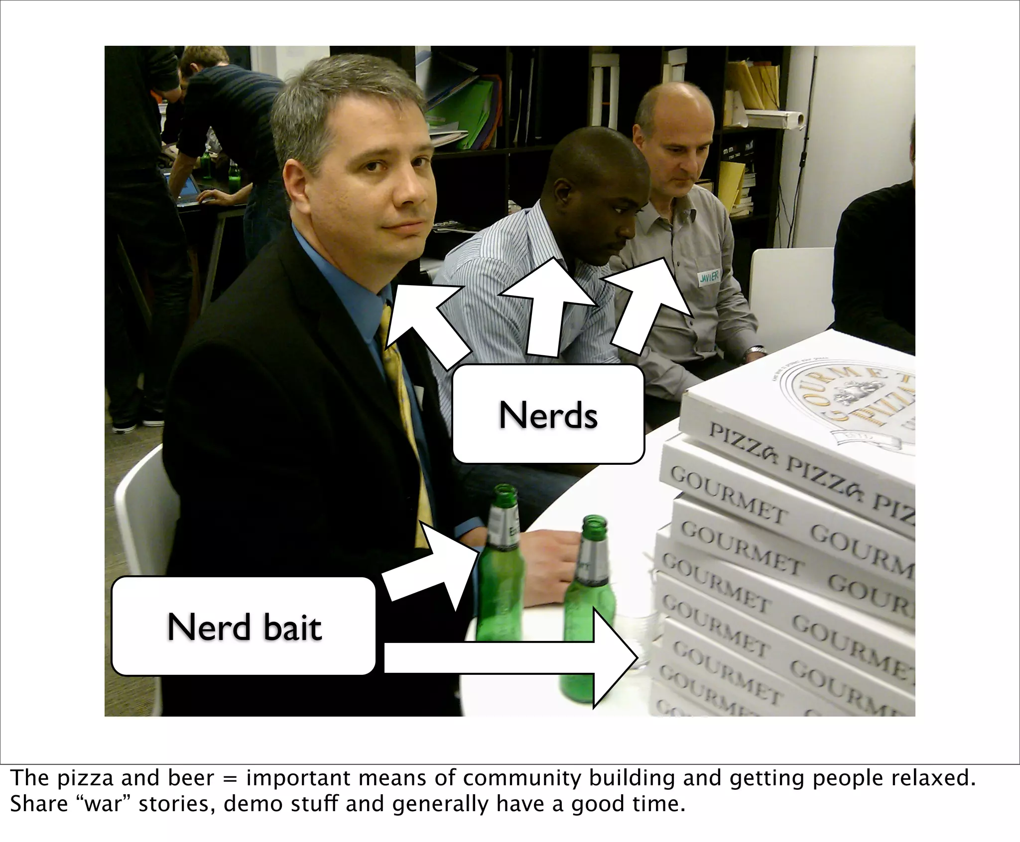 Nerds




             Nerd bait


The pizza and beer = important means of community building and getting people relaxed.
Share “war” stories, demo stuff and generally have a good time.
 