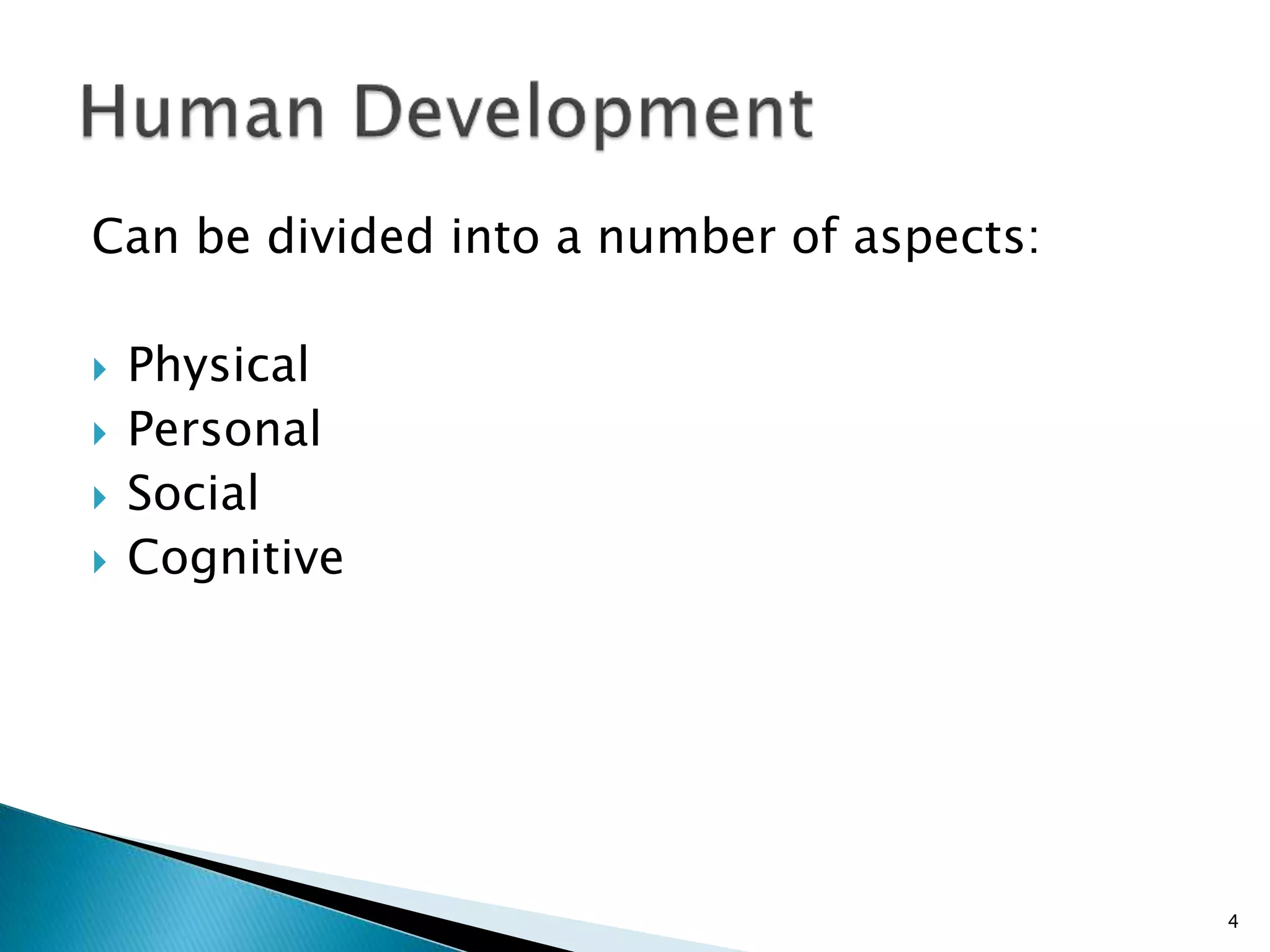 Can be divided into a number of aspects:

   Physical
   Personal
   Social
   Cognitive




                                           4
 