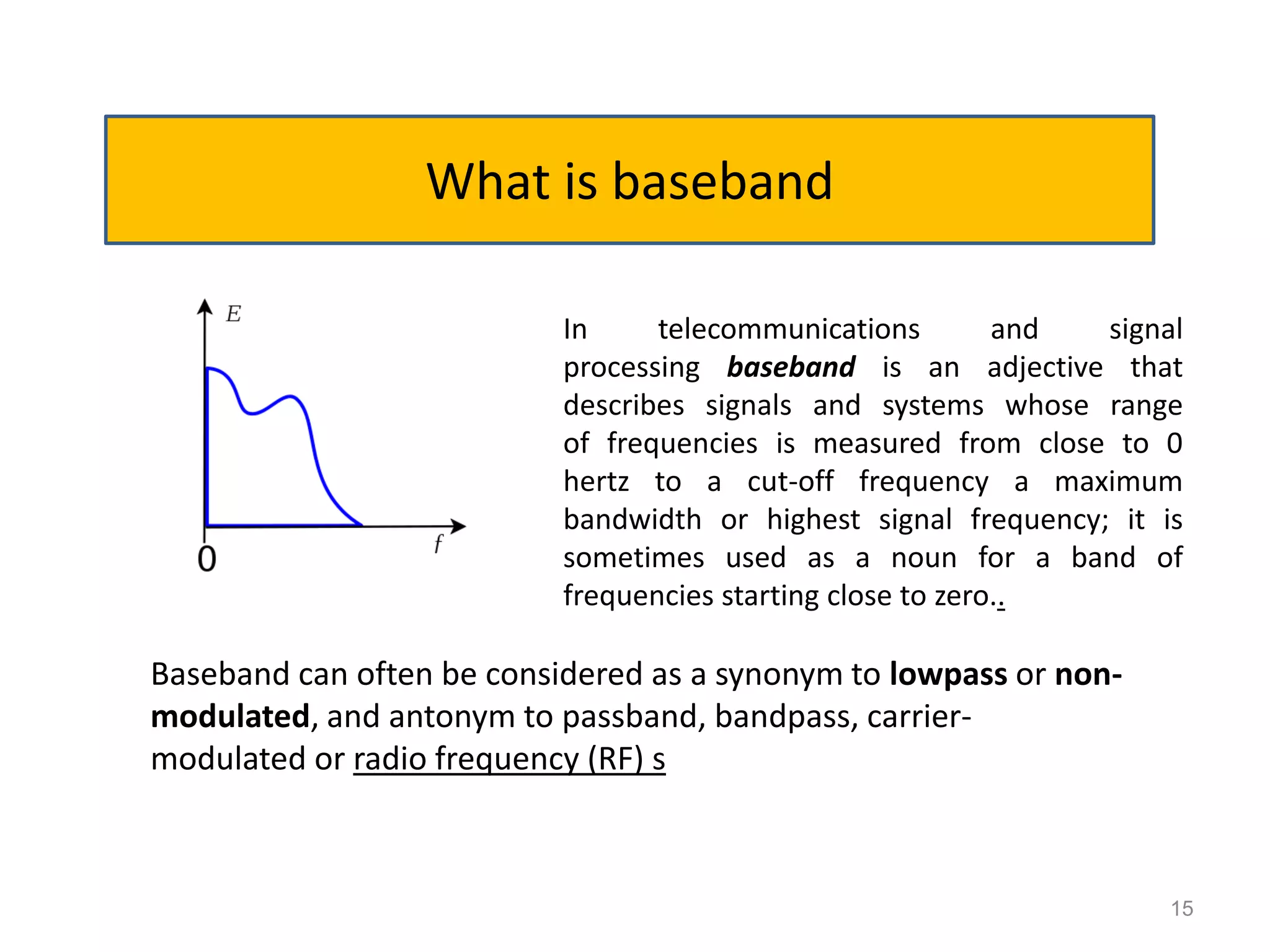 What is baseband

                           In     telecommunications         and signal
                           processing baseband is an adjective that
                           describes signals and systems whose range
                           of frequencies is measured from close to 0
                           hertz to a cut-off frequency a maximum
                           bandwidth or highest signal frequency; it is
                           sometimes used as a noun for a band of
                           frequencies starting close to zero..

Baseband can often be considered as a synonym to lowpass or non-
modulated, and antonym to passband, bandpass, carrier-
modulated or radio frequency (RF) s



                                                                      15
 