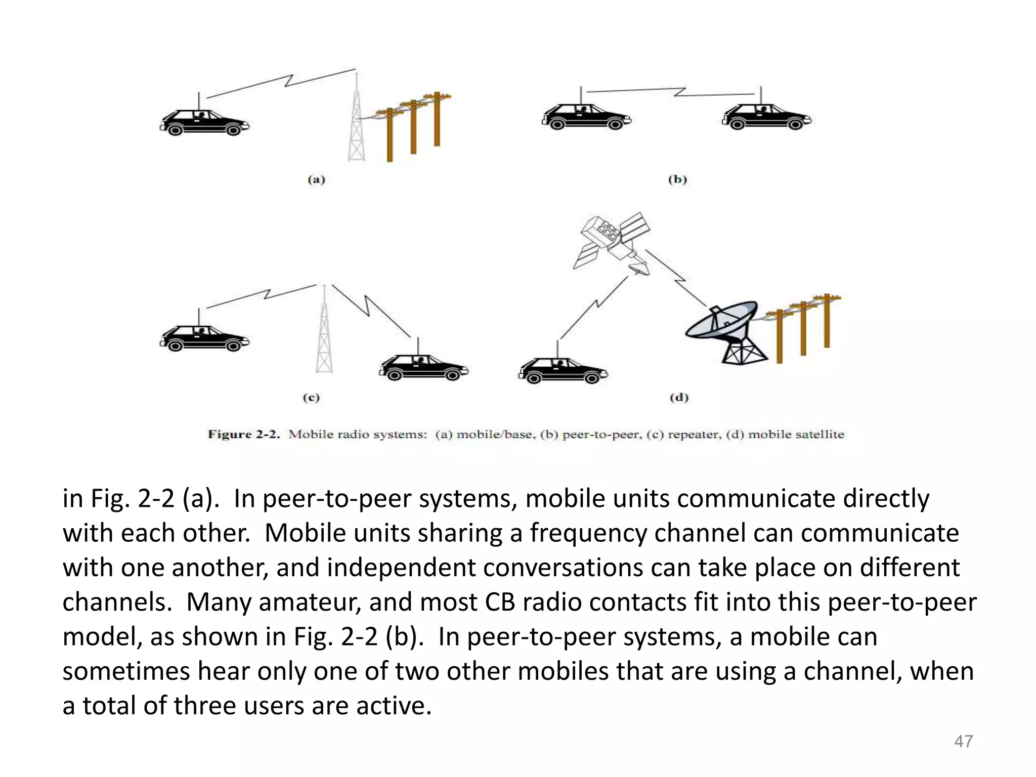 in Fig. 2-2 (a). In peer-to-peer systems, mobile units communicate directly
with each other. Mobile units sharing a frequency channel can communicate
with one another, and independent conversations can take place on different
channels. Many amateur, and most CB radio contacts fit into this peer-to-peer
model, as shown in Fig. 2-2 (b). In peer-to-peer systems, a mobile can
sometimes hear only one of two other mobiles that are using a channel, when
a total of three users are active.
                                                                           47
 