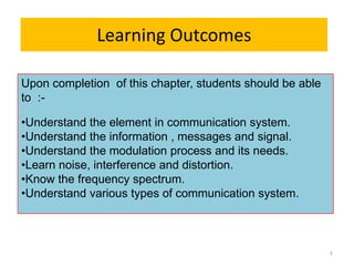 Learning Outcomes

Upon completion of this chapter, students should be able
to :-

•Understand the element in communication system.
•Understand the information , messages and signal.
•Understand the modulation process and its needs.
•Learn noise, interference and distortion.
•Know the frequency spectrum.
•Understand various types of communication system.



                                                           1
 