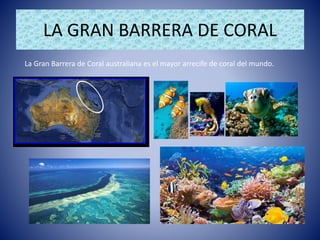 LA GRAN BARRERA DE CORAL
La Gran Barrera de Coral australiana es el mayor arrecife de coral del mundo.
 