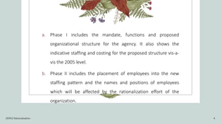 a. Phase I includes the mandate, functions and proposed
organizational structure for the agency. It also shows the
indicative staffing and costing for the proposed structure vis-a-
vis the 2005 level.
b. Phase II includes the placement of employees into the new
staffing pattern and the names and positions of employees
which will be affected by the rationalization effort of the
organization.
DEPED Rationalization 4
 
