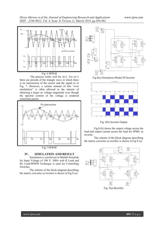 Divya Ahirrao et al Int. Journal of Engineering Research and Applications www.ijera.com
ISSN : 2248-9622, Vol. 4, Issue 3( Version 1), March 2014, pp.856-861
www.ijera.com 859 | P a g e
Fig. 6 SPWM
The process works well for m≤1. For m>1
there are periods of the triangle wave in which there
is no intersection of the carrier and the signal as in
Fig. 7. However, a certain amount of this “over
modulation” is often allowed in the interest of
obtaining a larger ac voltage magnitude even though
the spectral content of the voltage is rendered
somewhat poorer.
Fig.7 SPWM
IV. SIMULATION AND RESULT
Simulation is carried out in Matlab-Simulink
for Input Voltage of 100 V, 50Hz with R Load and
RL Load.SPWM Technique is used for Controlling
Switches.
The scheme of the block diagram describing
the matrix converter as inverter is shown in Fig.8 (a).
Fig.8(a) Simulation Model Of Inverter
Fig. 8(b) Inverter Output
Fig.8 (b) shows the output voltage across the
load and output current across the load for SPMC as
inverter.
The scheme of the block diagram describing
the matrix converter as rectifier is shown in Fig.9 (a).
Fig. 9(a) Rectifier
 