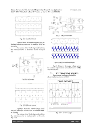 Divya Ahirrao et al Int. Journal of Engineering Research and Applications www.ijera.com
ISSN : 2248-9622, Vol. 4, Issue 3( Version 1), March 2014, pp.856-861
www.ijera.com 860 | P a g e
Fig. 9(b) Rectifier Output
Fig.9 (b) shows the output voltage across the
load and output current across the load for SPMC as
converter.
The scheme of the block diagram describing
the matrix converter as chopper is shown in Fig.10
(a).
Fig.10 (a) Chopper
Fig. 10(b) Chopper output
Fig.10 (b) shows the output voltage across
the load and output current across the load for SPMC
as chopper.
The scheme of the block diagram describing
the matrix converter as cycloconverter is shown in
Fig.11 (a).
Fig.11 (a)Cycloconverter
Fig.11 (b) Cycloconverter Output
Fig.11 (b) shows the output voltage across
the load and output current across the load for SPMC
as cycloconverter.
V. EXPERIMENTAL RESULTS
Experimental results are obtained by
observing the waveforms on CRO.
Fig. 12(a) Inverter Output
 