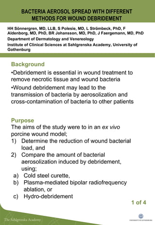 BACTERIA AEROSOL SPREAD WITH DIFFERENT
METHODS FOR WOUND DEBRIDEMENT
HH Sönnergren, MD, LLB, S Polesie, MD, L Strömbeck, PhD, F
Aldenborg, MD, PhD, BR Johansson, MD, PhD, J Faergemann, MD, PhD
Department of Dermatology and Venereology
Institute of Clinical Sciences at Sahlgrenska Academy, University of
Gothenburg
Background
• Debridement is essential in wound treatment to
remove necrotic tissue and wound bacteria
• Wound debridement may lead to the
transmission of bacteria by aerosolization and
cross-contamination of bacteria to other patients
Purpose
The aims of the study were to in an ex vivo
porcine wound model;
1)  Determine the reduction of wound bacterial
load, and
2)  Compare the amount of bacterial
aerosolization induced by debridement,
using;
a)  Cold steel curette,
b)  Plasma-mediated bipolar radiofrequency
ablation, or
c)  Hydro-debridement
1 of 4
 
