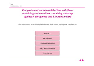Abstract
Background
Objectives and Aims
Log10 reduction assay
Conclusions
Comparison of antimicrobial efficacy of silver‐
containing and non‐silver containing dressings 
against P. aeruginosa and S. aureus in vitro
Katie Bourdillon,  Matthew Westmoreland, Kyle Turton, Systagenix, Gargrave, UK
C1419
EP450 EWMA May 2013
 