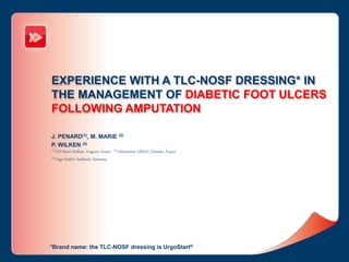 EXPERIENCE WITH A TLC-NOSF DRESSING* IN
THE MANAGEMENT OF DIABETIC FOOT ULCERS
FOLLOWING AMPUTATION
J. PENARD(1), M. MARIE (2)
P. WILKEN (3)
(1) CH Henri Duffaut, Avignon, France (2) Laboratoires URGO, Chenôve, France
(3) Urgo GmbH, Sulzbach, Germany
*Brand name: the TLC-NOSF dressing is UrgoStart®
 