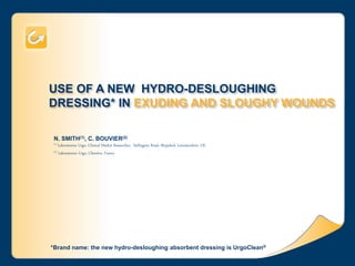 USE OF A NEW HYDRO-DESLOUGHING
DRESSING* IN EXUDING AND SLOUGHY WOUNDS
N. SMITH(1), C. BOUVIER(2)
(1) Laboratoires Urgo, Clinical Market Researcher, Sullington Road, Shepshed, Leicestershire, UK
(2) Laboratoires Urgo, Chenôve, France
*Brand name: the new hydro-desloughing absorbent dressing is UrgoClean®
 