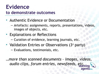 Evidence
to demonstrate outcomes
• Authentic Evidence or Documentation
  – Artefacts: assignments, reports, presentations, videos,
    images of objects, etc.
• Explanations or Reflections
  – Curation of evidence, learning journals, etc.
• Validation Entries or Observations (3rd party)
  – Evaluations, testimonials, etc.

…more than scanned documents – images, videos,
 audio clips, forum entries, newsfeeds, etc.
 