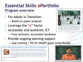 Essential Skills ePortfolio
Program overview
• For Adults in Transition
  – Based on paper program
• Leverage the “e” factor
• Accessible and authentic ICT
  – Free software, accessible hardware
• Provide ongoing learning support
  – Gap training / PD for SMART goals using Moodle
 