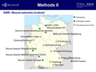 Participating
Participation started
Recruiting wound centres
EWR: Wound networks involved
Methods II
Wound network Mittlerer Oberrhein GmbH
WHAT Austria
Wound network Rheinland-Pflalz
Wound network Magdeburg
Wound network Niedersachsen Bremen
IVDP / CWC
Wound network HH
Ostwestfalen-Lippe
Passau/Regensburg
Erlangen/Würzburg
Osthessen/Fulda
Erfurt/LeipzigDuisburg/Dortmund
Wound network Stuttgart
München
Allgäu
Augsburg
 