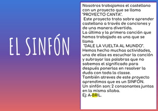 EL SINFÓN
Nosotros trabajamos el castellano
con un proyecto que se llama
"PROYECTO CANTA".
Este proyecto trata sobre aprender
castellano a través de canciones y
de una manera divertida.
La última y la primera canción que
hemos trabajado es una que se
llama
"DALE LA VUELTA AL MUNDO".
Hemos hecho muchas actividades,
una de ellas es escuchar la canción
y subrayar las palabras que no
sabemos el significado para
después ponerlas en resolver la
duda con toda la classe.
También atreves de este proyecto
aprendimos que es un SINFÓN.
Un sinfón son: 2 consonantes juntas
en la misma sílaba.
Ej: A-BRIL.
 