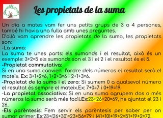 Les propietats de la suma
Un dia a mates vam fer uns petits grups de 3 o 4 persones,
també hi havia una fulla amb unes preguntes.
D’allà vam aprendre les propietats de la suma, les propietats
son:
-La suma:
La suma te unes parts: els sumands i el resultat, això és un
exemple: 3+2=5 els sumands son el 3 i el 2 i el resultat és el 5.
-Propietat commutativa:
Si en una suma canvien l’ordre dels números el resultat serà el
mateix. Ex: 3+1+2=6, 1+2+3=6 i 2+1+3=6.
-Propietat de la suma i el zero: Si sumem 0 a qualsevol número
el resultat és sempre el mateix.Ex: 7+0=7 i 0+19=19.
-La propietat associativa: Si en una suma agrupem dos o més
números la suma serà més facìl.Ex:23+26+20=69, he ajuntat el 23 i
26..
-Els parèntesis: Fem servir els parèntesis per saber per on
sumar primer.Ex:23+(26+30)=23+56=79 i (41+10)+19+2=51+19+2=72.
 