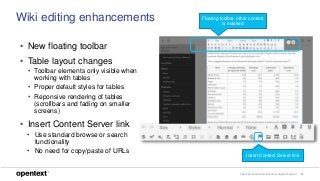 OpenText Confidential. ©2018 All Rights Reserved. 12
Wiki editing enhancements
• New floating toolbar
• Table layout changes
• Toolbar elements only visible when
working with tables
• Proper default styles for tables
• Reponsive rendering of tables
(scrollbars and fading on smaller
screens)
• Insert Content Server link
• Use standard browse or search
functionality
• No need for copy/paste of URLs
Insert Content Server link
Floating toolbar, other content
is masked
 