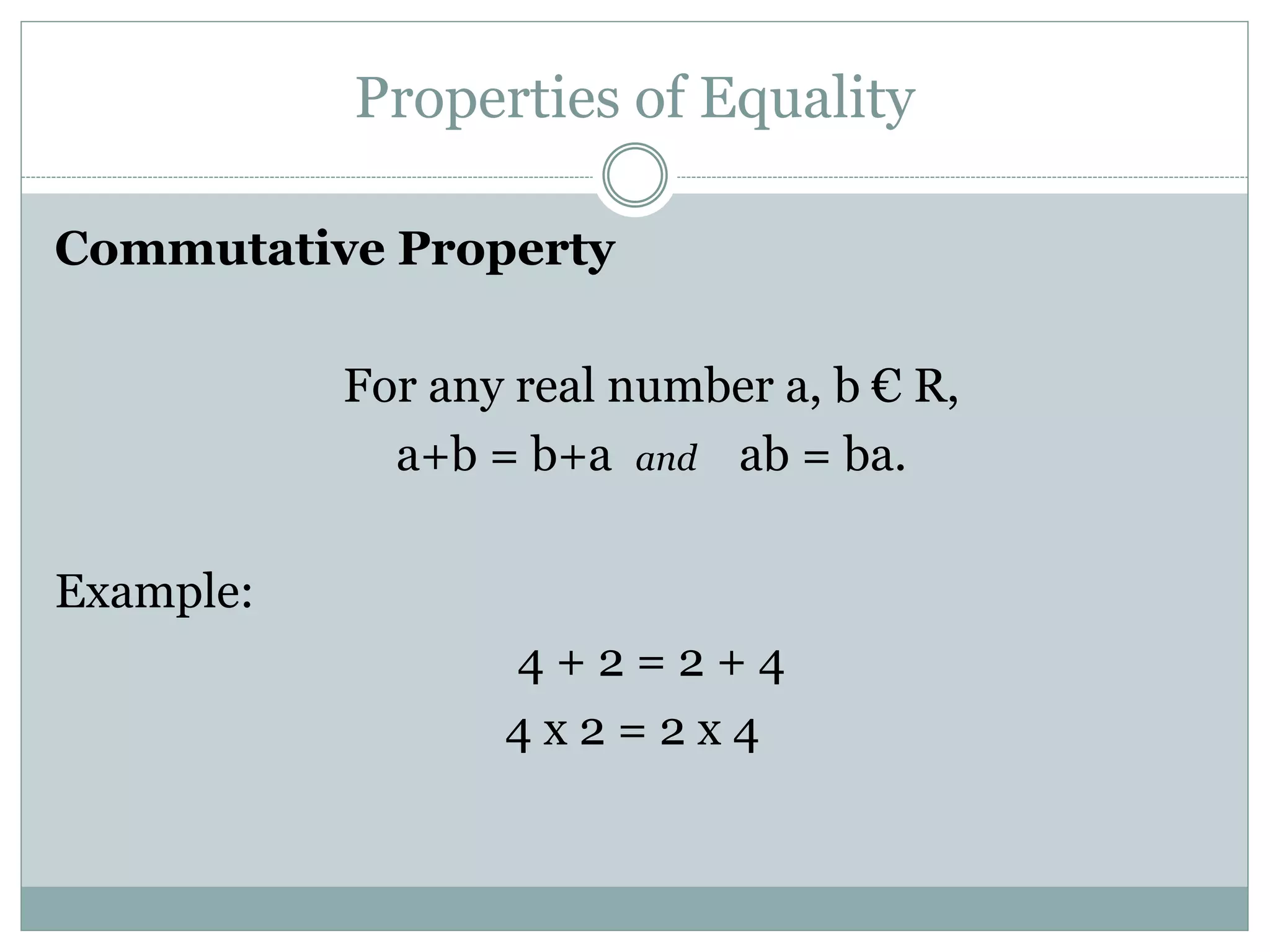 Properties of Equality 
Commutative Property 
For any real number a, b € R, 
a+b = b+a and ab = ba. 
Example: 
4 + 2 = 2 + 4 
4 x 2 = 2 x 4 
 