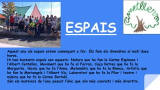 ESPAIS
Aquest any als espais estem començant a fer. Els fem els divendres al matí dues
hores.
Hi han bastants espais son aquests: Natura que ho fan la Carme Espinosa i
l’Albert Centelles, Moviment que ho fa el Ferran, Caça lletres que ho fa la
Margarita, tècnic que ho fa l’Anna, Matemàtic que ho fa la Blanca, Artístic que
ho fan la Mariangels i l’Albert Viu, Laboratori que ho fa la Pilar i teatre i
música que ho fa la Carme Bartoló.
Són els mateixos de l’any passat l’únic que són més canviats i més divertits.
 