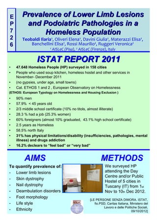 PrevalencePrevalence ofof LowerLower LimbLimb LesionsLesions
andand PodoiatricPodoiatric PathologiesPathologies in ain a
HomelessHomeless PopulationPopulation
Teobaldi Ilaria¹, Oliveri Elena¹, Davini Giulia¹, Materazzi Elisa¹,
Banchellini Elisa¹, Rossi Maurilio², Ruggeri Veronica²
¹ AISLeC (Pisa), ² AISLeC (Firenze), Italy
ISTAT REPORT 2011ISTAT REPORT 2011
• 47.648 Homeless People (HP) surveyed in 158 cities
• People who used soup kitchen, homeless hostel and other services in
November- December 2011
• (no gypsies, under age, small towns)
• Cat. ETHOS 1 and 2 , European Observatory on Homelessness
(ETHOS: European Typology on Homelessness and Housing Exclusion )
[LE PERSONE SENZA DIMORA. ISTAT,
fio.PSD, Caritas Italiana, Ministero del
Lavoro e delle Politiche Sociali,
09/10/2012]
• 90% men
• 57.9% < 45 years old
• 2/3 middle school certificate (10% no titols, almost illiterate)
• 28.3 % had a job (25.3% women)
• 60% foreigners (almost 10% graduated, 43.1% high school certificate)
• 2.5 years as Homeless
• 58.5% north Italy
• 31% has physical limitations/disability (insufficiencies, pathologies, mental
illness) and drugs addiction
• 16.2% declears to “feel bad” or “very bad”
AIMSAIMS
To quantify prevalence of:
- Lower limb lesions
- Skin dystrophy
- Nail dystrophy
- Deambulation disorders
- Foot morphology
- Life style
- Ethnicity
METHODSMETHODS
We surveyed HP
attending the Day
Centre and/or Public
Hostel of 5 cities in
Tuscany (IT) from 1st
Nov to 10th Dec 2012.
EE
PP
77
22
66
 