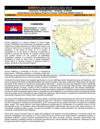 SIREN human trafficking data sheet 
STRATEGIC INFORMATION RESPONSE NETWORK 
United Nations Inter-Agency Project on Human Trafficking (UNIAP): Phase III 
CAMBODIA MARCH 2008 (v. 1.0) 
Country information 
CAMBODIA 
Total population: 14.4 million1 
GNI per capita/year: US$380 
Neighboring countries: Thailand, Laos, and Vietnam 
What is human trafficking and why is it a problem? 
Human trafficking is a serious violation of human rights. “Human Trafficking” is the recruitment, transportation, transfer, harbouring or receipt of persons, by means of the threat or use of force or other forms of coercion, of abduction, of fraud, of deception, of the abuse of power or of a position of vulnerability or of the giving or receiving of payments or benefits to achieve the consent of a person having control over another person, for the purpose of exploitation. “Exploitation” includes, at a minimum, the exploitation of the prostitution of others or other forms of sexual exploitation, forced labour or services, slavery or practices similar to slavery, servitude or the removal of organs2. 
What is the human trafficking situation in Cambodia? 
Human trafficking in Cambodia is far from a homogenous phenomenon. Trafficking networks in Cambodia range from small-scale ad hoc activities to large-scale and well-organised operations. Cambodia now experiences significant internal and cross-border trafficking, and is a country of origin, transit and destination. 
Cambodia's turbulent history has impacted significantly on human trafficking trends. Societal structures and traditions, such as the centrality of the family, the Buddhist religion and respect for elders, have been undermined. While peace has returned, the impact of the violence on society and communities is still visible.3 Poverty and economic inequality is also a significant contributing factor to human trafficking in Cambodia. 34% of Cambodians live on less than US$1 per day.4 Many people still experience periods of hunger, resulting in 45% of children under five being underweight and 13% severely underweight.5 Limited opportunity for education and vocational training has created a large pool of unskilled workers seeking employment. The lack of viable employment opportunities in Cambodia and the inadequacy of rural farming options for supporting families have encouraged many Cambodians to seek employment elsewhere, often resulting in irregular and uninformed internal and cross-border migration which renders them vulnerable to traffickers.6 
As a result of the deaths of approximately 2 million people in Cambodia under Khmer Rouge rule (1975-1979), nearly 50% of the population in contemporary Cambodia is below 20 years old.7 150,000 to 175,000 people join the labour force annually and this is expected to increase to over 200,000 by 2010.8 At present, the job creation rate does not support the increasing labour supply. The urgent need for more legal employment opportunities for Cambodians is a particular concern for the development sector. In Cambodia, where international employment opportunities may be the most viable solution to an increasingly burgeoning labour supply, ensuring the protection of migrant workers recruited into international positions is imperative in preventing human trafficking. 
Some other causes commonly cited to explain the emergence and detection of human trafficking in Cambodia include the economic liberalisation and opening up of the country during the arrival of the United Nations Transitional Authority in Cambodia (UNTAC); uneven economic development from the influx of foreign currency; corruption; discrimination and gender inequality; increasing scarcity of productive agricultural land; natural disasters; debt pressures; inadequacy of safe and legal avenues for migration; and increased tourism.  