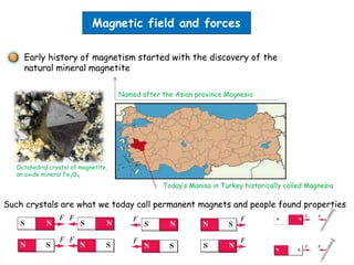 Magnetic field and forces
Early history of magnetism started with the discovery of the
natural mineral magnetite
Named after the Asian province Magnesia
Octahedral crystal of magnetite,
an oxide mineral Fe3O4
Today’s Manisa in Turkey historically called Magnesia
Such crystals are what we today call permanent magnets and people found properties
 