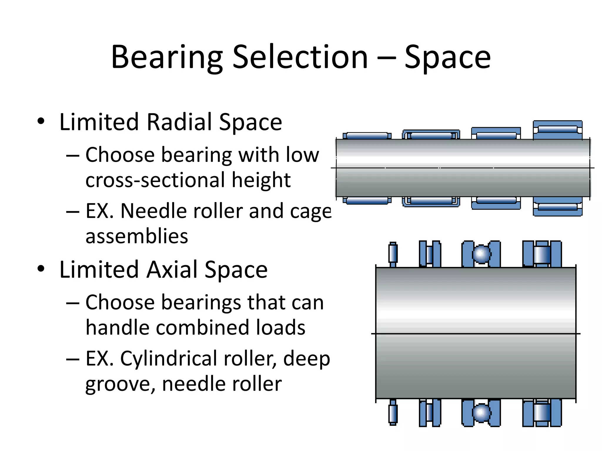 Bearing Selection – Space
• Limited Radial Space
– Choose bearing with low
cross-sectional height
– EX. Needle roller and cage
assemblies
• Limited Axial Space
– Choose bearings that can
handle combined loads
– EX. Cylindrical roller, deep
groove, needle roller
 