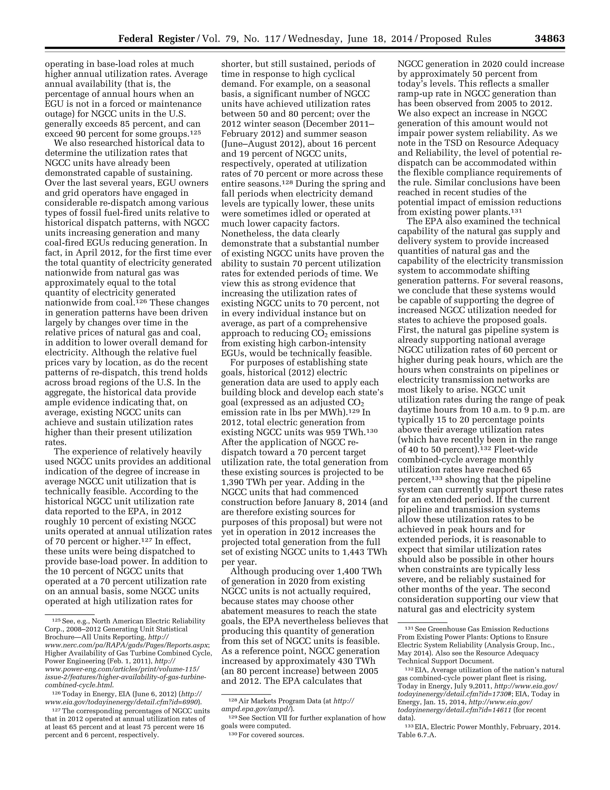 34863Federal Register / Vol. 79, No. 117 / Wednesday, June 18, 2014 / Proposed Rules
125 See, e.g., North American Electric Reliability
Corp., 2008–2012 Generating Unit Statistical
Brochure—All Units Reporting, http://
www.nerc.com/pa/RAPA/gads/Pages/Reports.aspx;
Higher Availability of Gas Turbine Combined Cycle,
Power Engineering (Feb. 1, 2011), http://
www.power-eng.com/articles/print/volume-115/
issue-2/features/higher-availability-of-gas-turbine-
combined-cycle.html.
126 Today in Energy, EIA (June 6, 2012) (http://
www.eia.gov/todayinenergy/detail.cfm?id=6990).
127 The corresponding percentages of NGCC units
that in 2012 operated at annual utilization rates of
at least 65 percent and at least 75 percent were 16
percent and 6 percent, respectively.
128 Air Markets Program Data (at http://
ampd.epa.gov/ampd/).
129 See Section VII for further explanation of how
goals were computed.
130 For covered sources.
131 See Greenhouse Gas Emission Reductions
From Existing Power Plants: Options to Ensure
Electric System Reliability (Analysis Group, Inc.,
May 2014). Also see the Resource Adequacy
Technical Support Document.
132 EIA, Average utilization of the nation’s natural
gas combined-cycle power plant fleet is rising,
Today in Energy, July 9,2011, http://www.eia.gov/
todayinenergy/detail.cfm?id=1730#; EIA, Today in
Energy, Jan. 15, 2014, http://www.eia.gov/
todayinenergy/detail.cfm?id=14611 (for recent
data).
133 EIA, Electric Power Monthly, February, 2014.
Table 6.7.A.
operating in base-load roles at much
higher annual utilization rates. Average
annual availability (that is, the
percentage of annual hours when an
EGU is not in a forced or maintenance
outage) for NGCC units in the U.S.
generally exceeds 85 percent, and can
exceed 90 percent for some groups.125
We also researched historical data to
determine the utilization rates that
NGCC units have already been
demonstrated capable of sustaining.
Over the last several years, EGU owners
and grid operators have engaged in
considerable re-dispatch among various
types of fossil fuel-fired units relative to
historical dispatch patterns, with NGCC
units increasing generation and many
coal-fired EGUs reducing generation. In
fact, in April 2012, for the first time ever
the total quantity of electricity generated
nationwide from natural gas was
approximately equal to the total
quantity of electricity generated
nationwide from coal.126 These changes
in generation patterns have been driven
largely by changes over time in the
relative prices of natural gas and coal,
in addition to lower overall demand for
electricity. Although the relative fuel
prices vary by location, as do the recent
patterns of re-dispatch, this trend holds
across broad regions of the U.S. In the
aggregate, the historical data provide
ample evidence indicating that, on
average, existing NGCC units can
achieve and sustain utilization rates
higher than their present utilization
rates.
The experience of relatively heavily
used NGCC units provides an additional
indication of the degree of increase in
average NGCC unit utilization that is
technically feasible. According to the
historical NGCC unit utilization rate
data reported to the EPA, in 2012
roughly 10 percent of existing NGCC
units operated at annual utilization rates
of 70 percent or higher.127 In effect,
these units were being dispatched to
provide base-load power. In addition to
the 10 percent of NGCC units that
operated at a 70 percent utilization rate
on an annual basis, some NGCC units
operated at high utilization rates for
shorter, but still sustained, periods of
time in response to high cyclical
demand. For example, on a seasonal
basis, a significant number of NGCC
units have achieved utilization rates
between 50 and 80 percent; over the
2012 winter season (December 2011–
February 2012) and summer season
(June–August 2012), about 16 percent
and 19 percent of NGCC units,
respectively, operated at utilization
rates of 70 percent or more across these
entire seasons.128 During the spring and
fall periods when electricity demand
levels are typically lower, these units
were sometimes idled or operated at
much lower capacity factors.
Nonetheless, the data clearly
demonstrate that a substantial number
of existing NGCC units have proven the
ability to sustain 70 percent utilization
rates for extended periods of time. We
view this as strong evidence that
increasing the utilization rates of
existing NGCC units to 70 percent, not
in every individual instance but on
average, as part of a comprehensive
approach to reducing CO2 emissions
from existing high carbon-intensity
EGUs, would be technically feasible.
For purposes of establishing state
goals, historical (2012) electric
generation data are used to apply each
building block and develop each state’s
goal (expressed as an adjusted CO2
emission rate in lbs per MWh).129 In
2012, total electric generation from
existing NGCC units was 959 TWh.130
After the application of NGCC re-
dispatch toward a 70 percent target
utilization rate, the total generation from
these existing sources is projected to be
1,390 TWh per year. Adding in the
NGCC units that had commenced
construction before January 8, 2014 (and
are therefore existing sources for
purposes of this proposal) but were not
yet in operation in 2012 increases the
projected total generation from the full
set of existing NGCC units to 1,443 TWh
per year.
Although producing over 1,400 TWh
of generation in 2020 from existing
NGCC units is not actually required,
because states may choose other
abatement measures to reach the state
goals, the EPA nevertheless believes that
producing this quantity of generation
from this set of NGCC units is feasible.
As a reference point, NGCC generation
increased by approximately 430 TWh
(an 80 percent increase) between 2005
and 2012. The EPA calculates that
NGCC generation in 2020 could increase
by approximately 50 percent from
today’s levels. This reflects a smaller
ramp-up rate in NGCC generation than
has been observed from 2005 to 2012.
We also expect an increase in NGCC
generation of this amount would not
impair power system reliability. As we
note in the TSD on Resource Adequacy
and Reliability, the level of potential re-
dispatch can be accommodated within
the flexible compliance requirements of
the rule. Similar conclusions have been
reached in recent studies of the
potential impact of emission reductions
from existing power plants.131
The EPA also examined the technical
capability of the natural gas supply and
delivery system to provide increased
quantities of natural gas and the
capability of the electricity transmission
system to accommodate shifting
generation patterns. For several reasons,
we conclude that these systems would
be capable of supporting the degree of
increased NGCC utilization needed for
states to achieve the proposed goals.
First, the natural gas pipeline system is
already supporting national average
NGCC utilization rates of 60 percent or
higher during peak hours, which are the
hours when constraints on pipelines or
electricity transmission networks are
most likely to arise. NGCC unit
utilization rates during the range of peak
daytime hours from 10 a.m. to 9 p.m. are
typically 15 to 20 percentage points
above their average utilization rates
(which have recently been in the range
of 40 to 50 percent).132 Fleet-wide
combined-cycle average monthly
utilization rates have reached 65
percent,133 showing that the pipeline
system can currently support these rates
for an extended period. If the current
pipeline and transmission systems
allow these utilization rates to be
achieved in peak hours and for
extended periods, it is reasonable to
expect that similar utilization rates
should also be possible in other hours
when constraints are typically less
severe, and be reliably sustained for
other months of the year. The second
consideration supporting our view that
natural gas and electricity system
VerDate Mar<15>2010 22:32 Jun 17, 2014 Jkt 232001 PO 00000 Frm 00035 Fmt 4701 Sfmt 4702 E:FRFM18JNP2.SGM 18JNP2
srobertsonDSK5SPTVN1PRODwithPROPOSALS
 