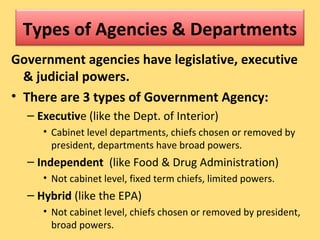 Types of Agencies & Departments
Government agencies have legislative, executive
& judicial powers.
• There are 3 types of Government Agency:
– Executive (like the Dept. of Interior)
• Cabinet level departments, chiefs chosen or removed by
president, departments have broad powers.
– Independent (like Food & Drug Administration)
• Not cabinet level, fixed term chiefs, limited powers.
– Hybrid (like the EPA)
• Not cabinet level, chiefs chosen or removed by president,
broad powers.
 