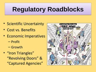 Regulatory RoadblocksRegulatory Roadblocks
• Scientific Uncertainty
• Cost vs. Benefits
• Economic Imperatives
– Profit
– Growth
• “Iron Triangles”
“Revolving Doors” &
“Captured Agencies”
 