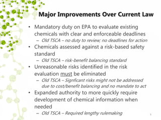 Major Improvements Over Current Law
• Mandatory duty on EPA to evaluate existing
chemicals with clear and enforceable dead...