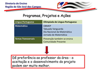 Diretoria de Ensino
Região de São José dos Campos

Programas, Projetos e Ações
Língua Portuguesa

Olimpíada de Língua Portuguesa

Matemática

OBMEP
Tabuada Vanguarda
Dia Nacional da Matemática
Jornada de Matemática

Temas Transversais

Prevenção também se ensina
Comunidade Presente

Dê preferência ao professor da área - a
aceitação e o desenvolvimento do projeto
podem ser muito melhor.

 