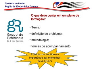Diretoria de Ensino
Região de São José dos Campos
O que deve conter em um plano deO que deve conter em um plano de
formação?formação?
É preciso dar sentido e aÉ preciso dar sentido e a
importância aos momentosimportância aos momentos
de A.T.P.C.’sde A.T.P.C.’s
• Tema;
• definição do problema;
• metodologia;
• formas de acompanhamento.
 