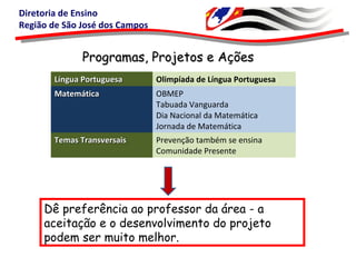 Diretoria de Ensino
Região de São José dos Campos
Programas, Projetos e AçõesProgramas, Projetos e Ações
Língua PortuguesaLíngua Portuguesa Olimpíada de Língua Portuguesa
MatemáticaMatemática OBMEP
Tabuada Vanguarda
Dia Nacional da Matemática
Jornada de Matemática
Temas TransversaisTemas Transversais Prevenção também se ensina
Comunidade Presente
Dê preferência ao professor da área - a
aceitação e o desenvolvimento do projeto
podem ser muito melhor.
 