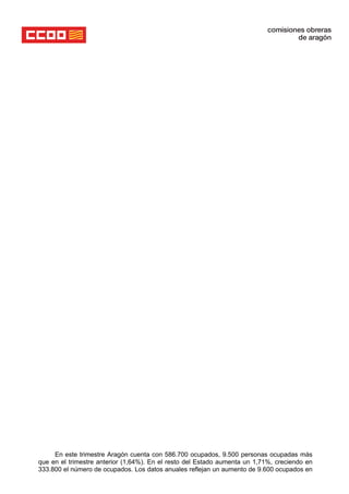 En este trimestre Aragón cuenta con 586.700 ocupados, 9.500 personas ocupadas más
que en el trimestre anterior (1,64%). En el resto del Estado aumenta un 1,71%, creciendo en
333.800 el número de ocupados. Los datos anuales reflejan un aumento de 9.600 ocupados en
 