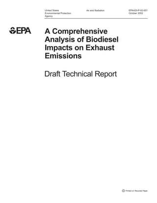 United States              Air and Radiation      EPA420-P-02-001
Environmental Protection                          October 2002
Agency




A Comprehensive
Analysis of Biodiesel
Impacts on Exhaust
Emissions

Draft Technical Report




                                               Printed on Recycled Paper
 