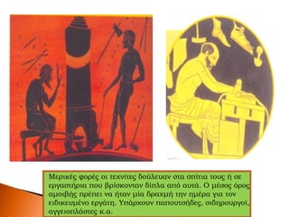 Μερικές φορές οι τεχνίτες δούλευαν στα σπίτια τους ή σε
εργαστήρια που βρίσκονταν δίπλα από αυτά. Ο μέσος όρος
αμοιβής πρέπει να ήταν μία δραχμή την ημέρα για τον
ειδικευμένο εργάτη. Υπάρχουν παπουτσήδες, σιδηρουργοί,
αγγειοπλάστες κ.α.
 