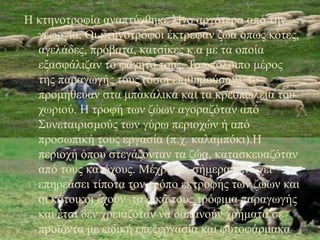 Η κτηνοτροφία αναπτύχθηκε λίγο αργότερα από την
γεωργία. Οι κτηνοτρόφοι έκτρεφαν ζώα όπως κότες,
αγελάδες, πρόβατα, κατσίκες κ.α με τα οποία
εξασφάλιζαν το φαγητό τους. Το υπόλοιπο μέρος
της παραγωγής τους (όσοι επιθυμούσαν), το
προμήθευαν στα μπακάλικα και τα κρεοπωλεία του
χωριού. Η τροφή των ζώων αγοραζόταν από
Συνεταιρισμούς των γύρω περιοχών ή από
προσωπική τους εργασία (π.χ. καλαμπόκι).Η
περιοχή όπου στεγάζονταν τα ζώα, κατασκευαζόταν
από τους κατόχους. Μέχρι και σήμερα δεν έχει
επηρεάσει τίποτα τον τρόπο εκτροφής των ζώων και
οι κάτοικοι έχουν τα δικά τους τρόφιμα παραγωγής
και έτσι δεν χρειαζόταν να δαπανούν χρήματα σε
προϊόντα με ειδική επεξεργασία και φυτοφάρμακα.
 